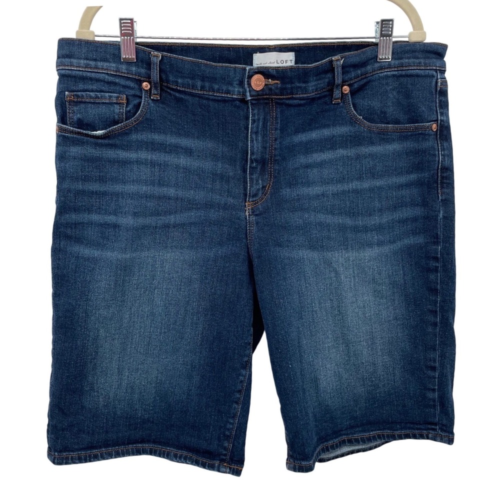 LOFT Denim Bermuda Shorts Womens 16 Dark Wash Blue Stretch Mid Rise 33 Waist